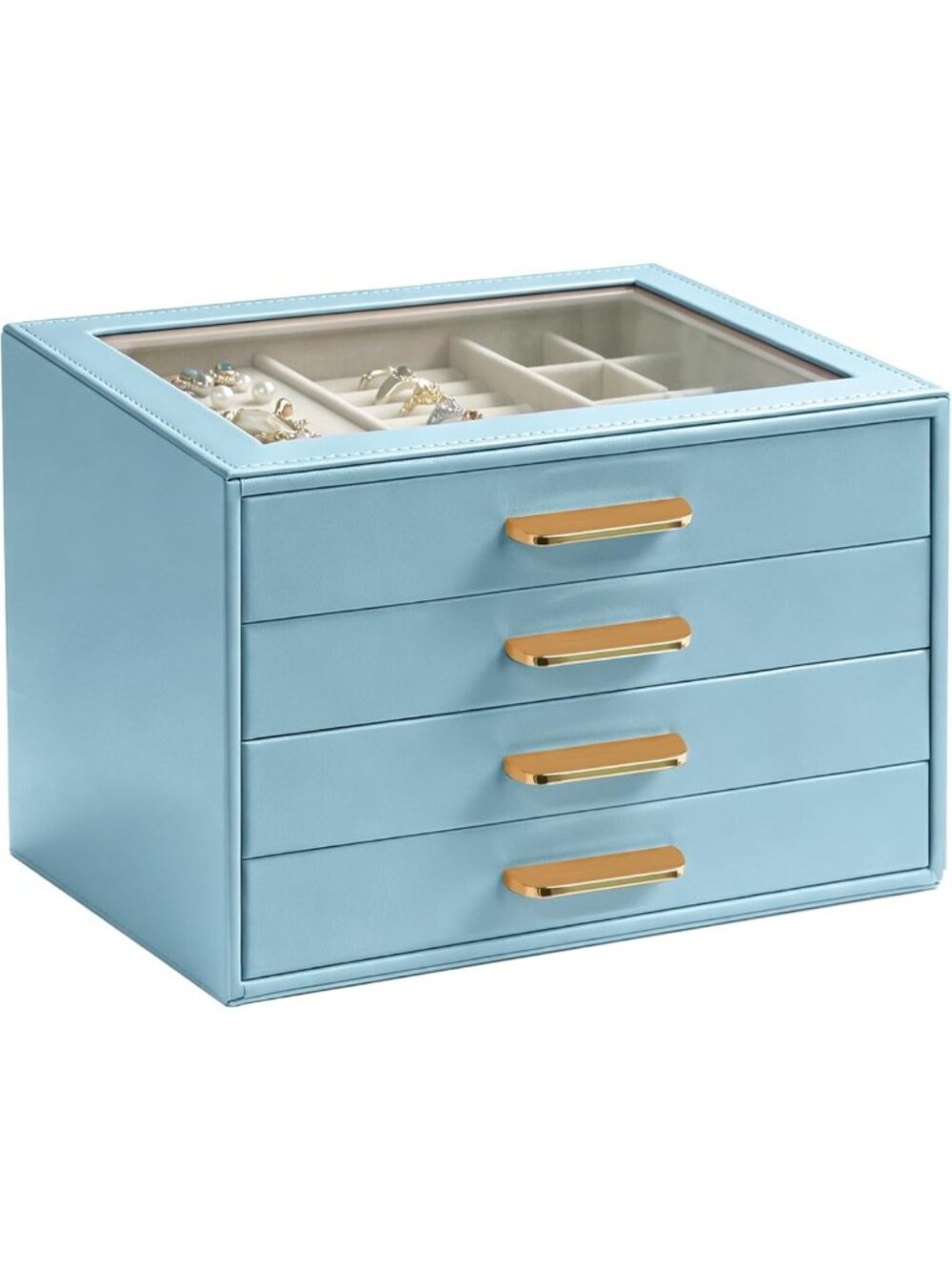 Stylish 4-Layer Jewelry Organizer Box with Glass Lid - Blue PU Leather Storage